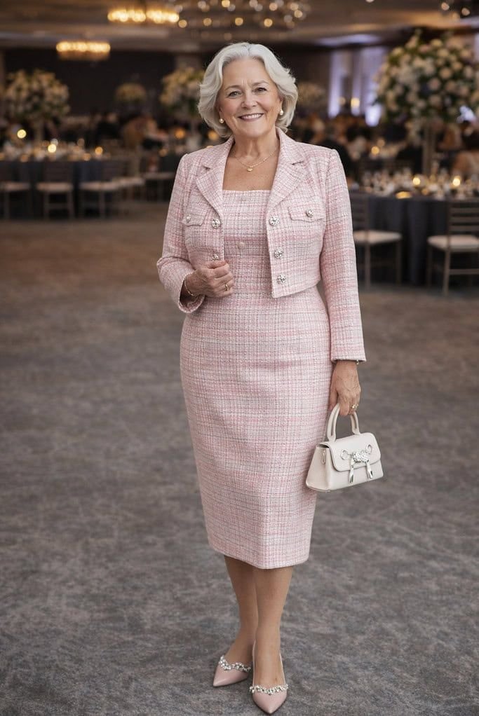 Soft Pink Tweed Structured Event Suit Sophisticated Wedding Day Elegance