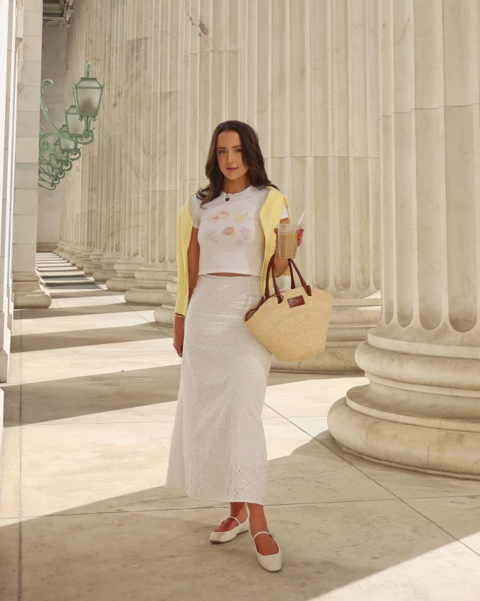 Soft Yellow Layer and White Eyelet for Effortless Summer Weekend Style