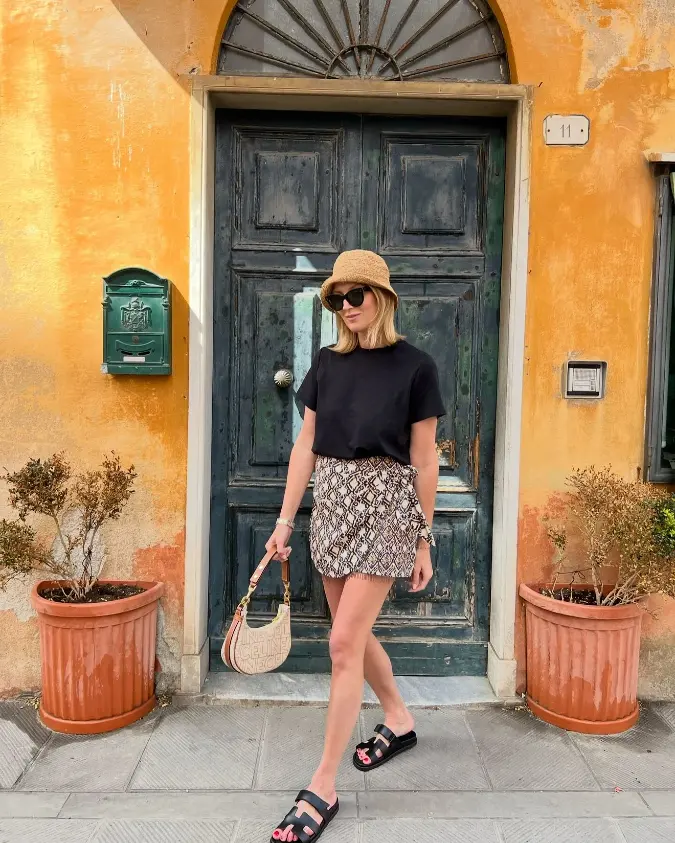 Sophisticated Black Tee and Printed Mini for Versatile Summer Weekend Chic