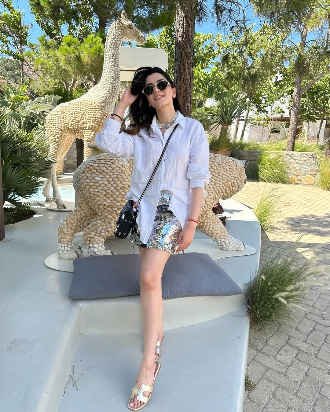 Sparkly Casual Style White Collared Shirt and Silver Skirt