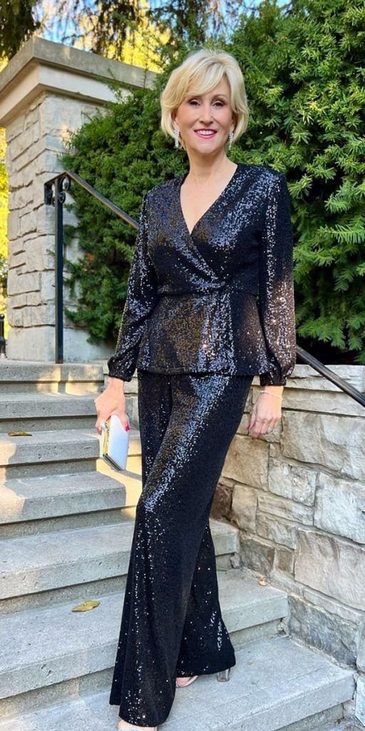 Sparkly Midnight Loose Glamour Pantsuit for Black Tie Wedding Guests