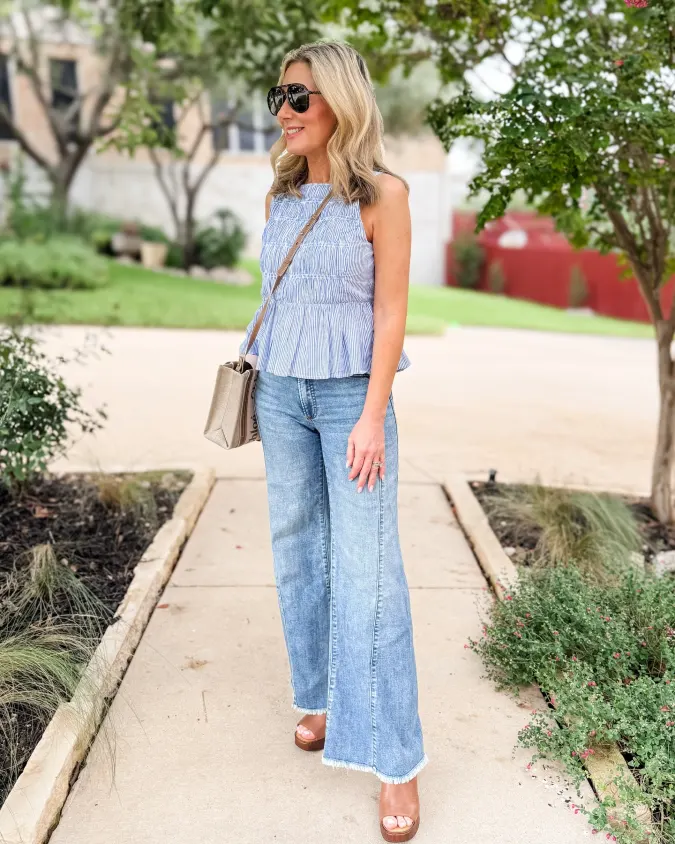 Striped Peplum Tops and Wide Leg Denim for Relaxed Weekend Style