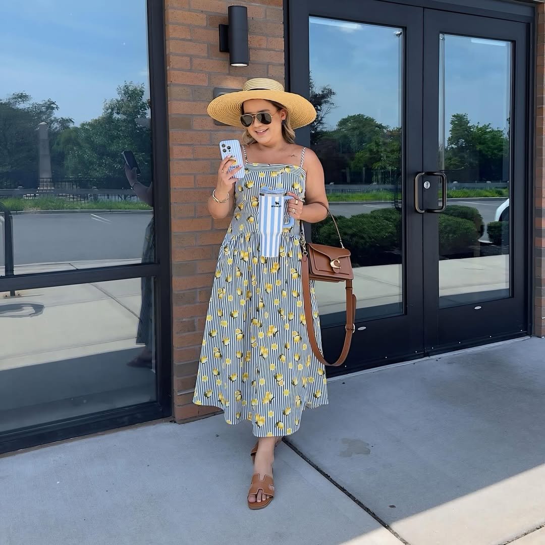 Sunny Yellow Lemon Patterned Midi Dress: Mediterranean Holiday Style