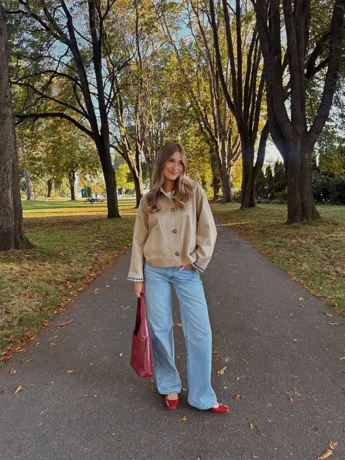  Tan Cropped Jacket and Wide Leg Denim Casual Fall Style