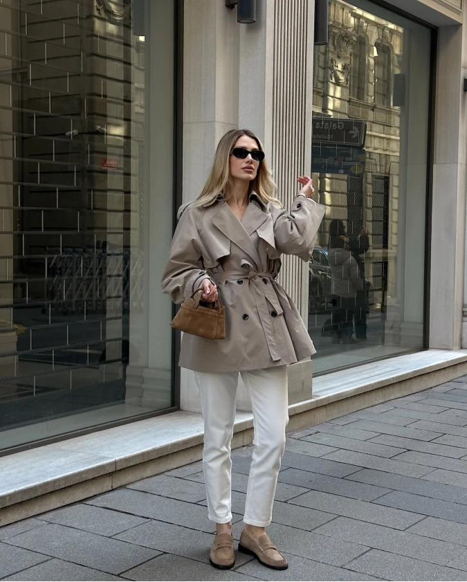 Taupe and Stone Cropped Trench Layering