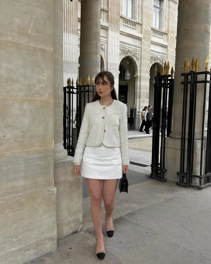 Textured Cream Jacket and Tailored Mini Skirt for Polished Daytime Ease