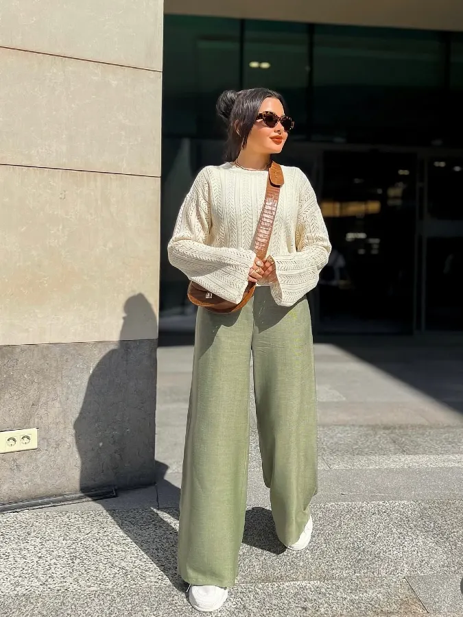  Textured Knit and Sage Wide Leg Trousers for Relaxed Weekend Elegance