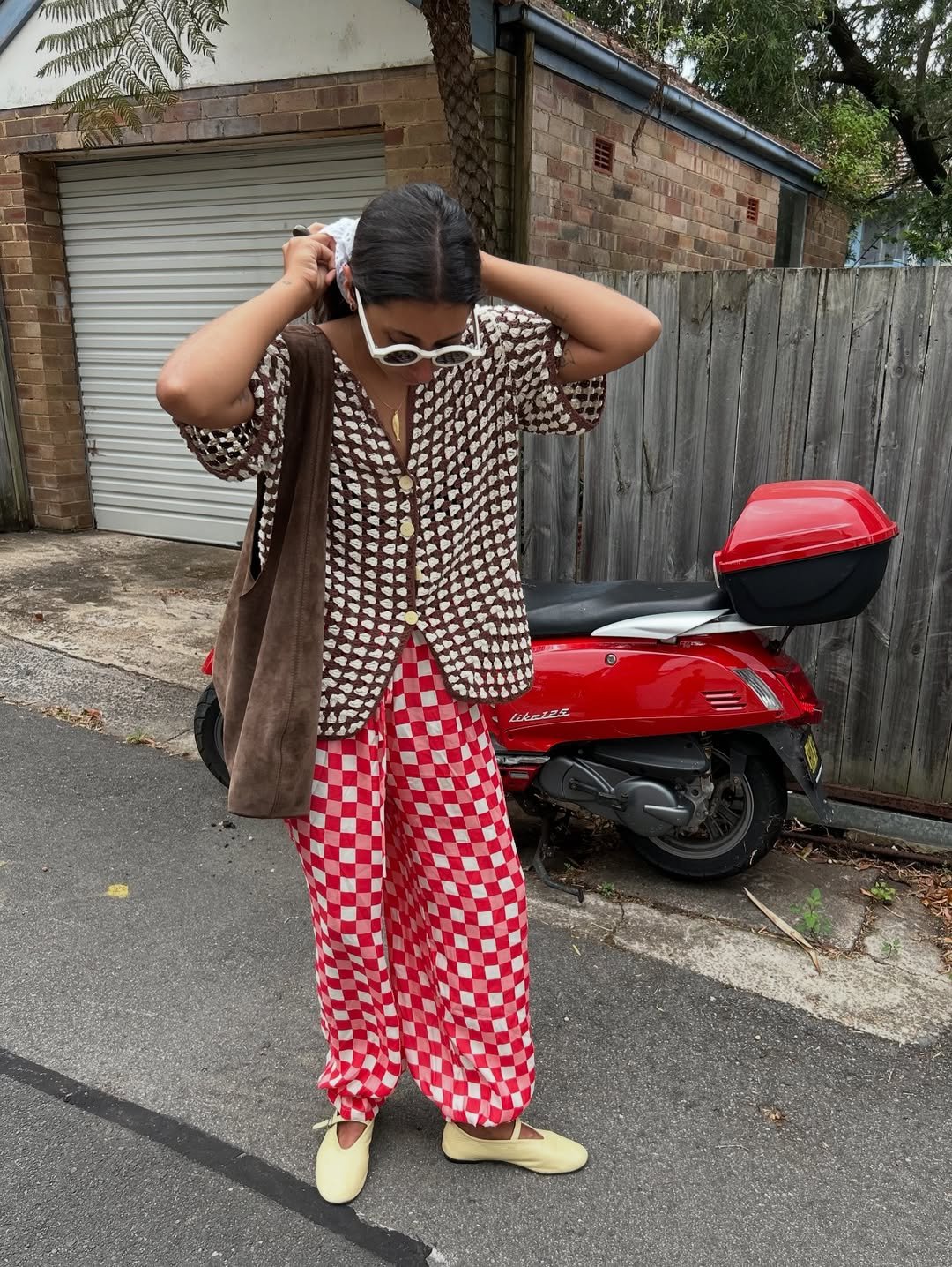 Textured Neutral Crochet and Vibrant Red Checkered Pants Easy European Summer Co-ords