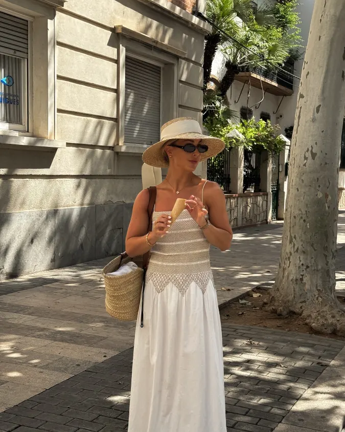 Textured Neutral Maxi Dress and Natural Straw Accessories for Elegant Weekend Ease