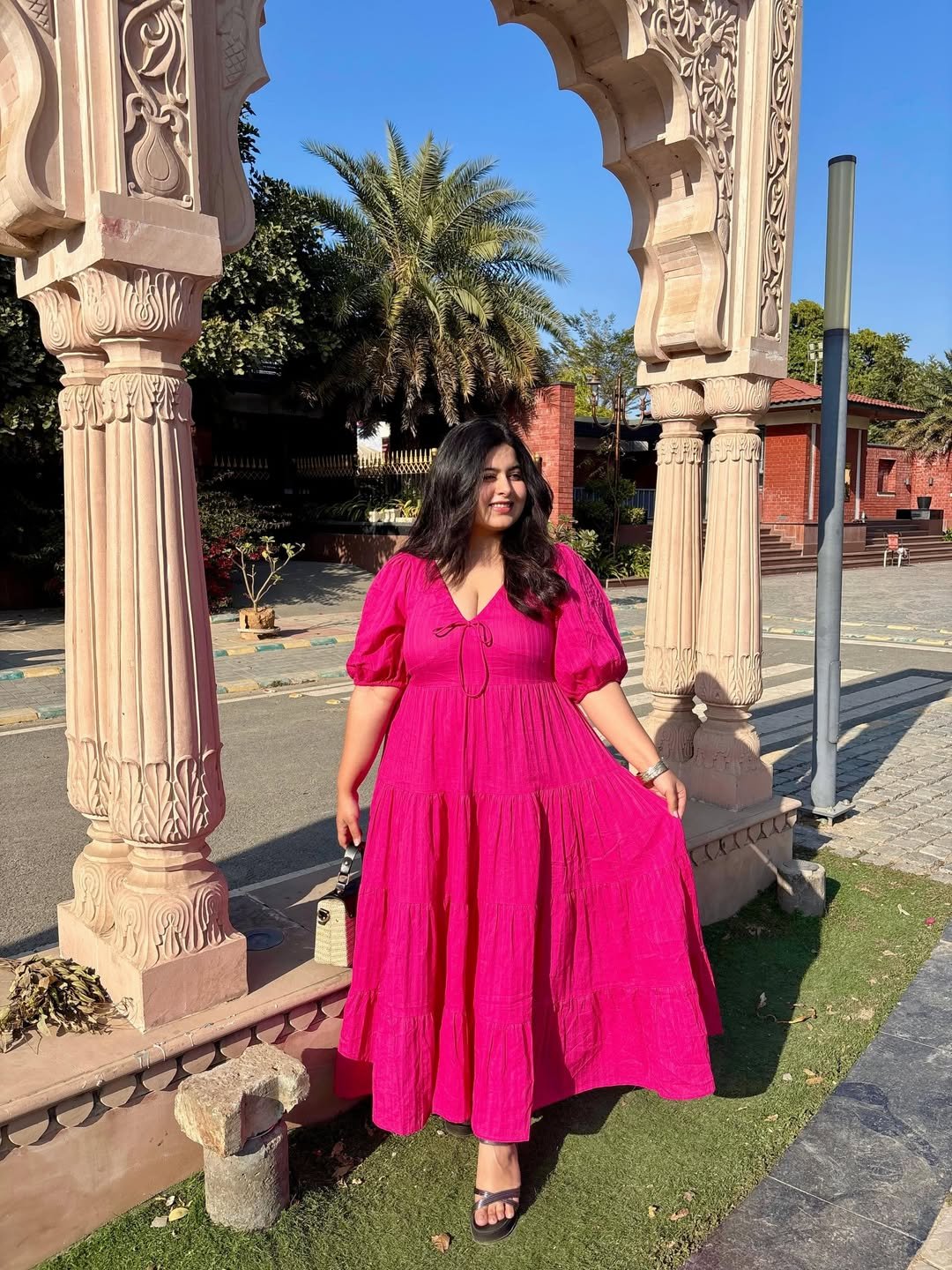 Vibrant Fuchsia Tiered Midi Dress