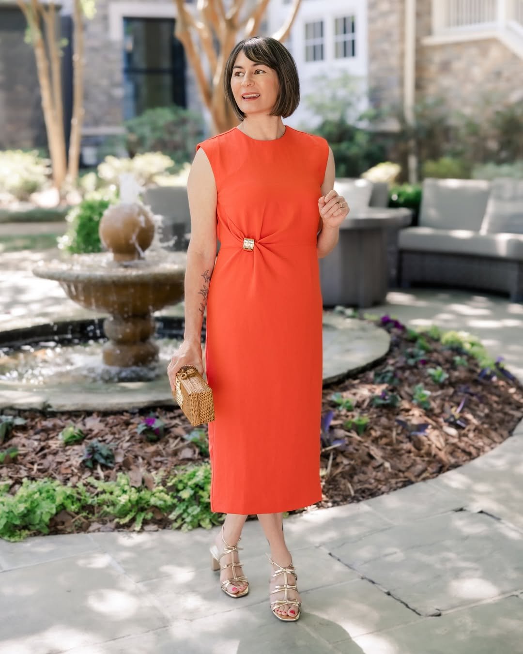 Vibrant Orange Cinch Waist Midi Dress and Strappy Gold Sandals Effortless Elegance for a Wedding Send Off