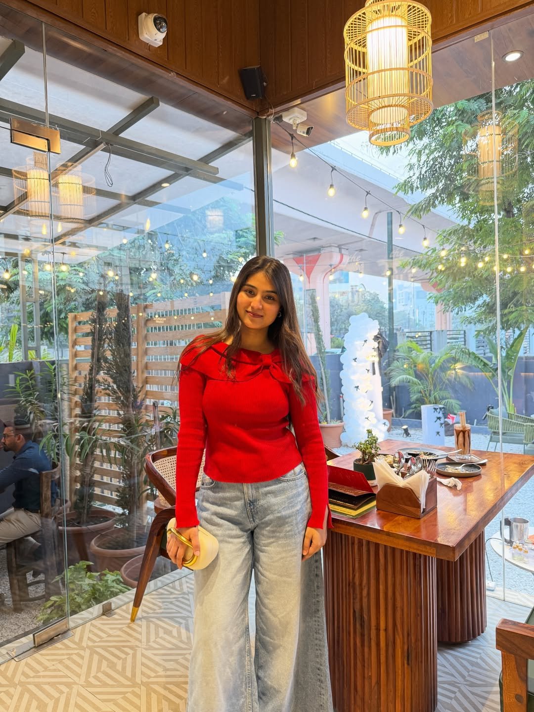 Vibrant Red Knit and Wide-Leg Denim Casual Festive Comfort