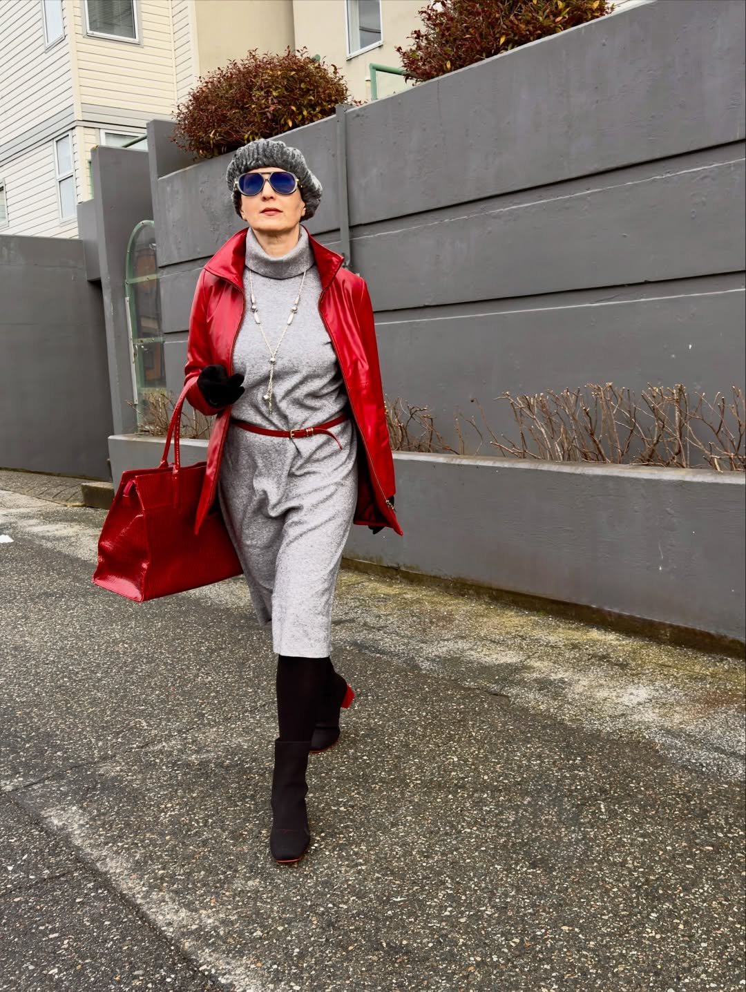 Vibrant Red Leather and Soft Grey Knit Layered Streetwear for Holiday Celebrations