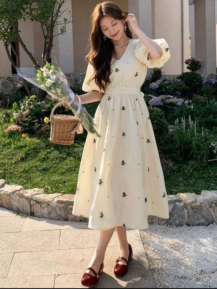 Cream Embroidered Puff Sleeve Midi: Cottagecore Garden Casuals