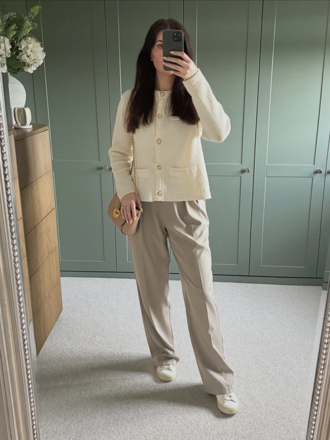 Cream Bouclé and Taupe Wide Leg Trousers: Elegant Professional Poetcore
