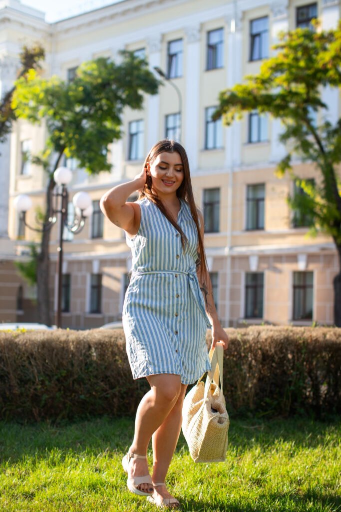 Soft Blue Striped Belted Shirt Dress