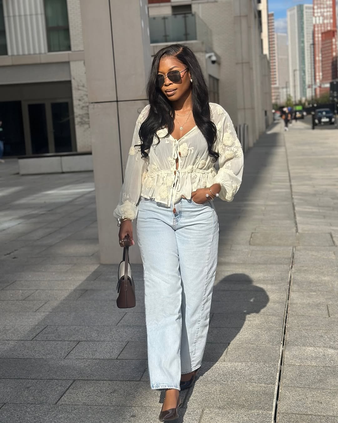 Airy Cream Floral Blouse and Wide-Leg Denim: Elevated Professional Casual