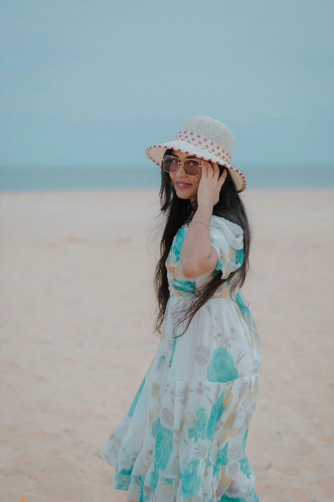 Aqua Floral Chiffon Dress with a Dotted Straw Hat