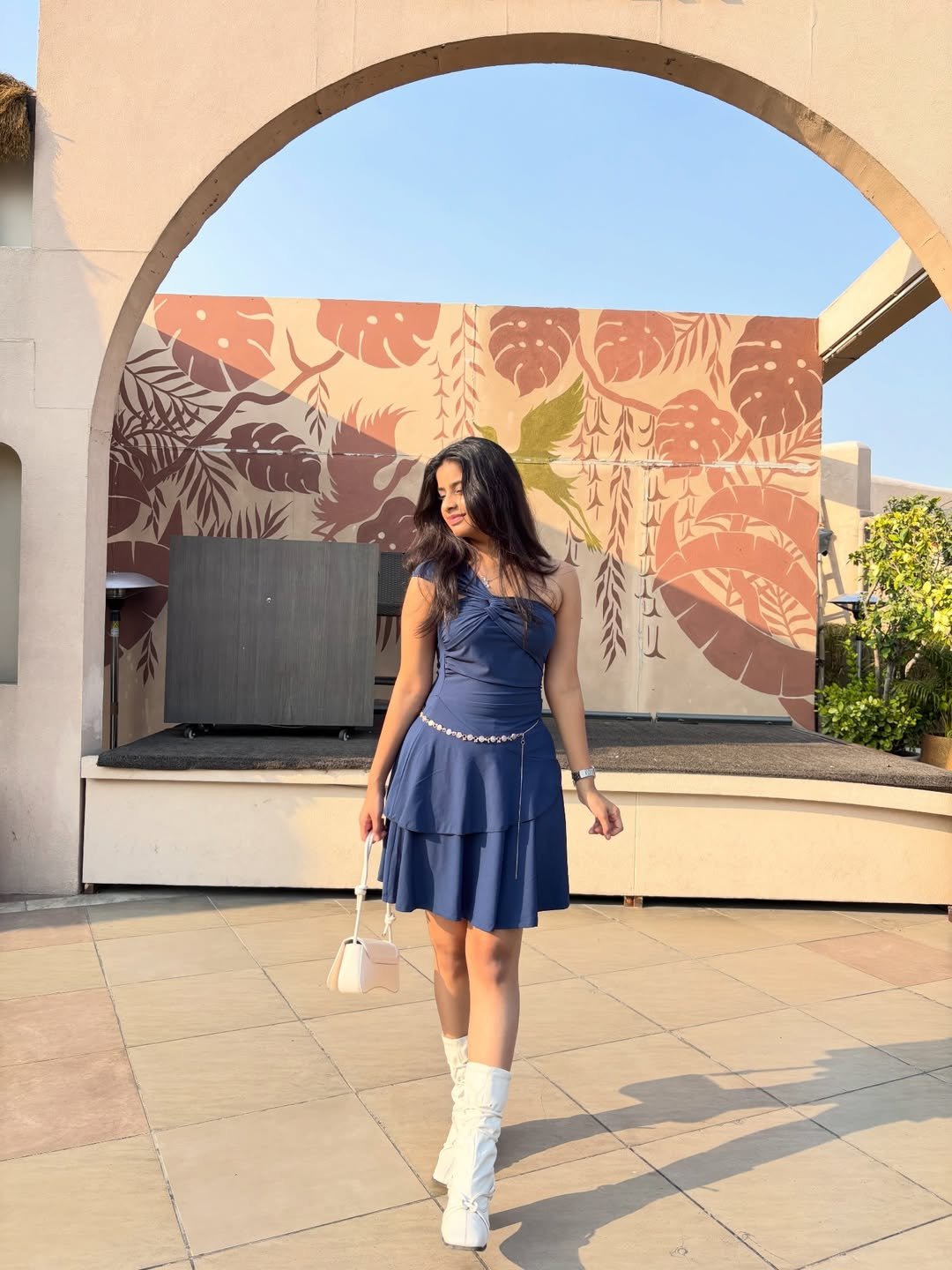 Asymmetric Navy Tiered Dress with White Boots