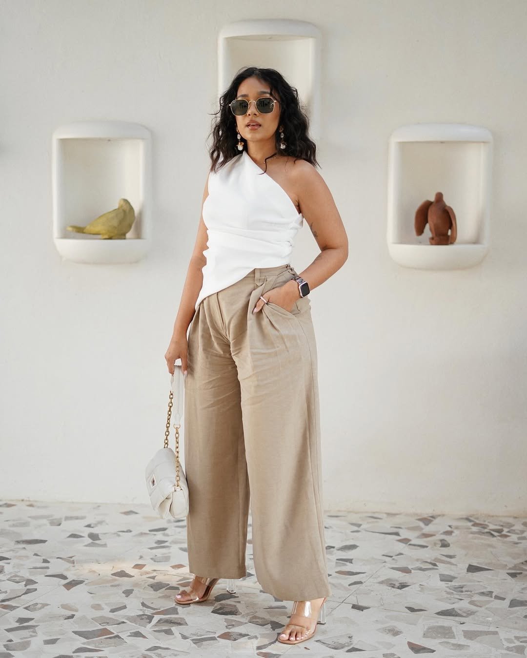Asymmetric One-Shoulder Drape Top with Pleated Wide-Leg Trousers