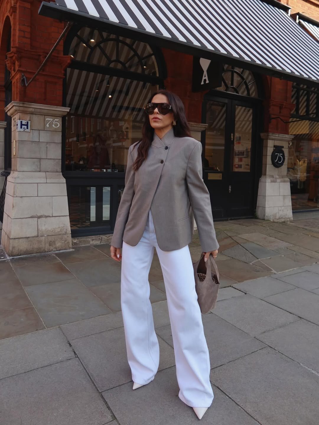 Asymmetrical Grey Jacket With White Wide Leg Pants
