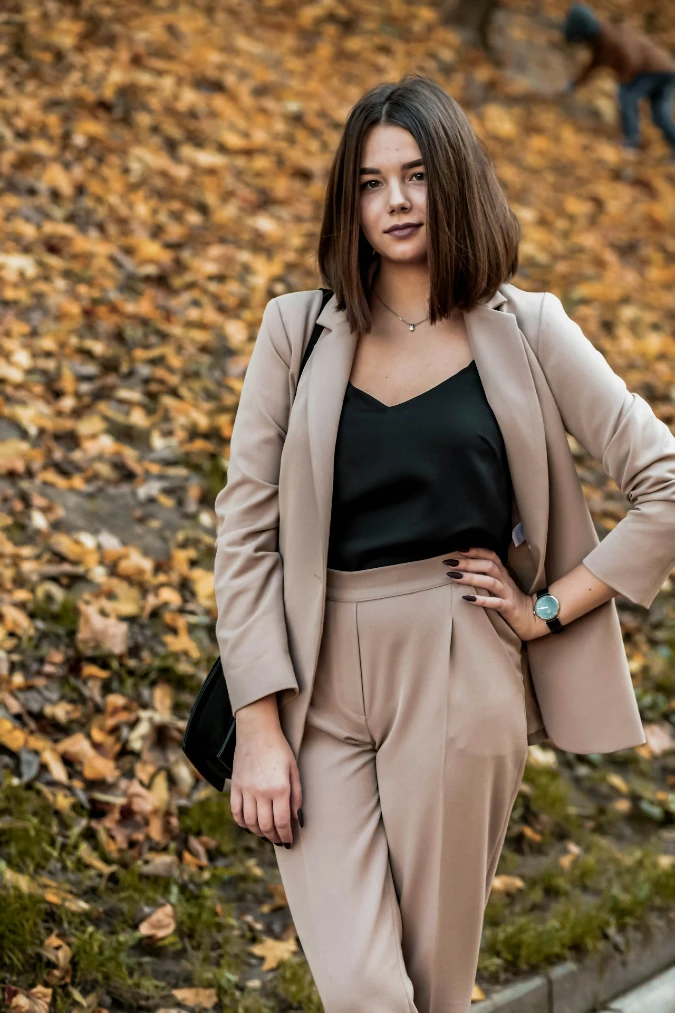 Beige Blazer Set with Black Cami and Slim Trousers Autumn Neutral Power Look