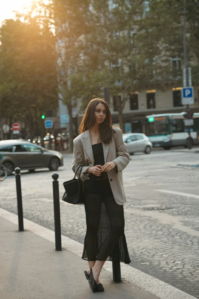 Beige Blazer with Black Cami and Sheer Midi Skirt City Evening Walk