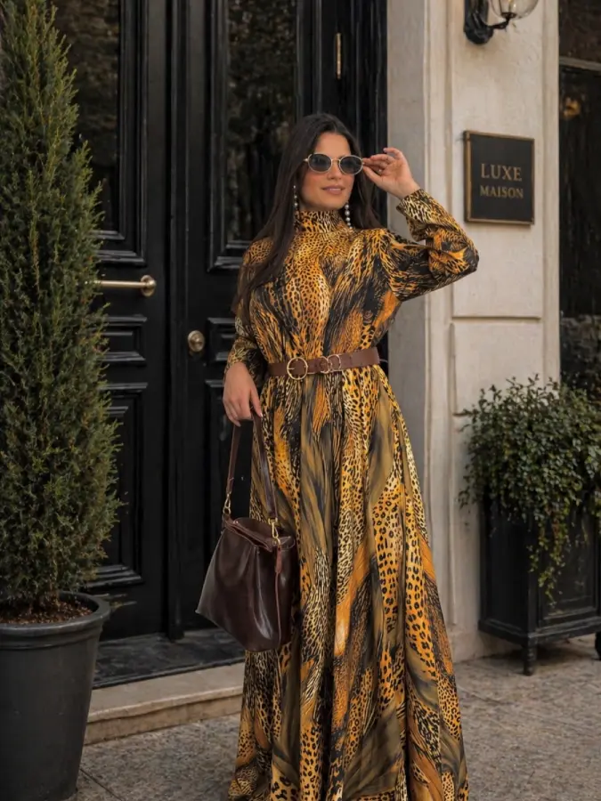 Belted Animal Print Maxi Dress for Petite Women