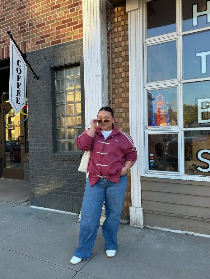 Berry Pink Track Jacket With Wide Denim For Sporty School Pickup Mom Style