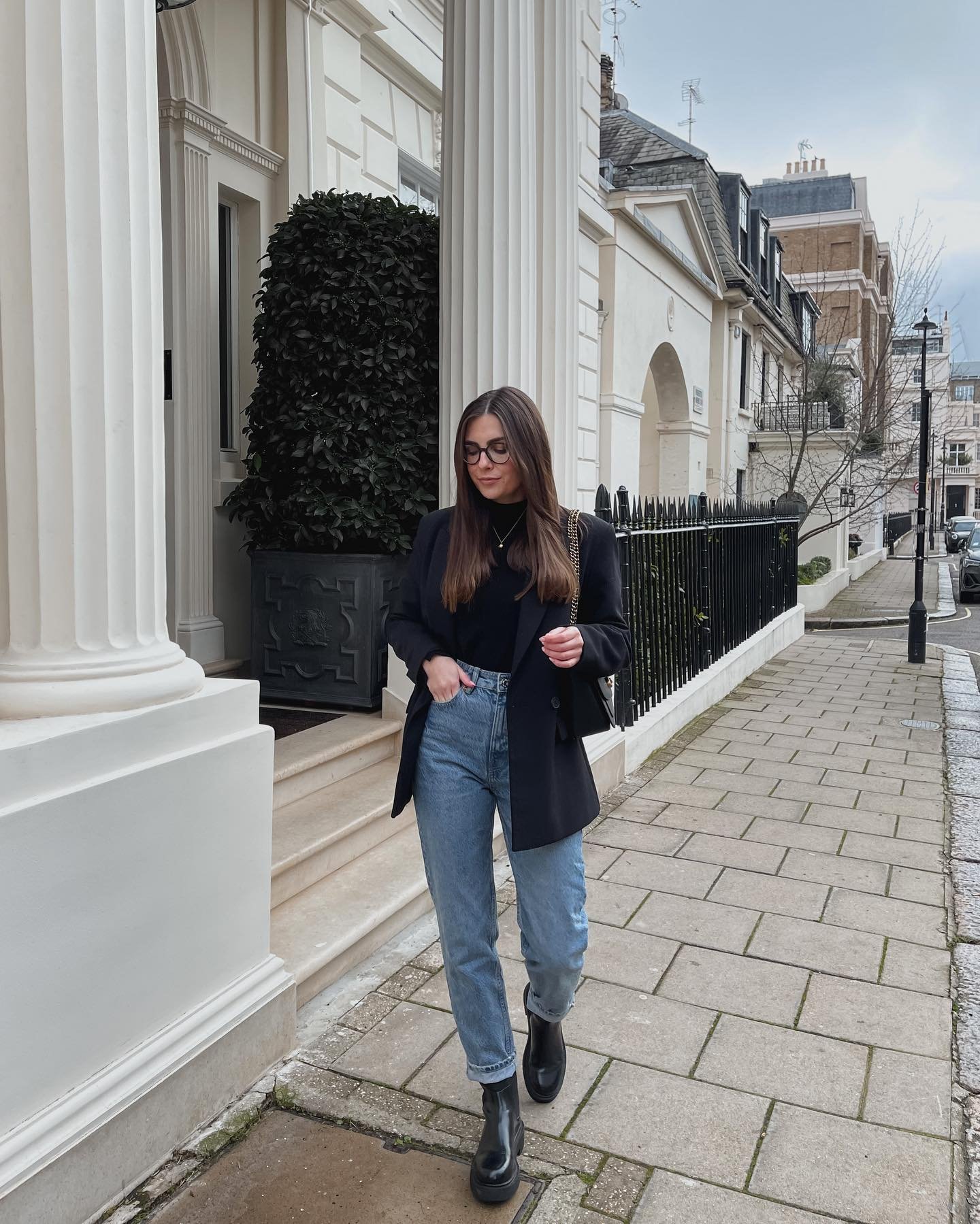 Black Blazer and Turtleneck with Rolled Denim and Chunky Boots