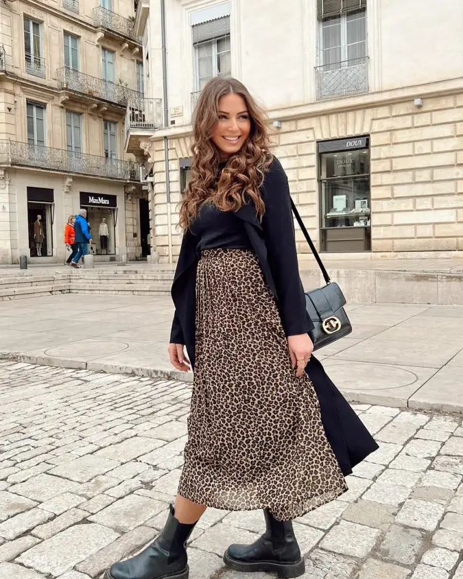 Black Blazer with Beige Top and Leopard Midi Skirt in European Street Light