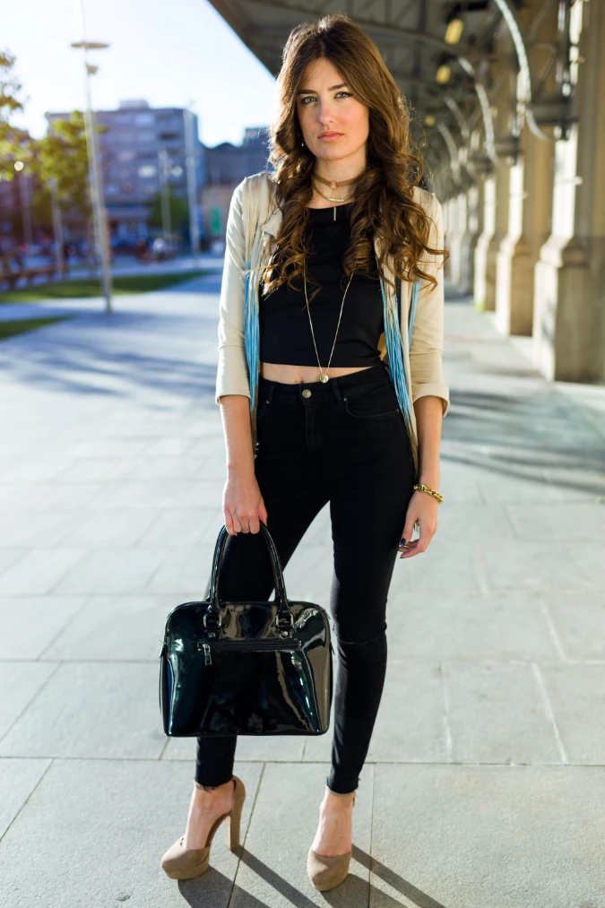 Black Blazer with Crop Top and Skinny Jeans for Bold First-Day Energy