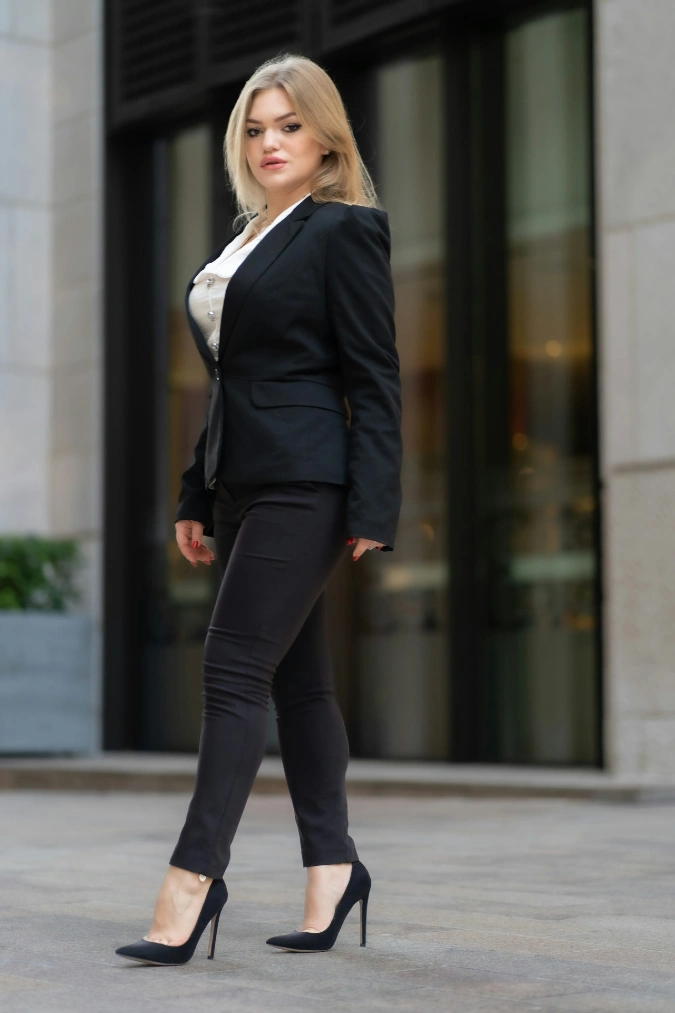 Black Blazer with White Silk Blouse and Slim Black Trousers in Office Minimal Style