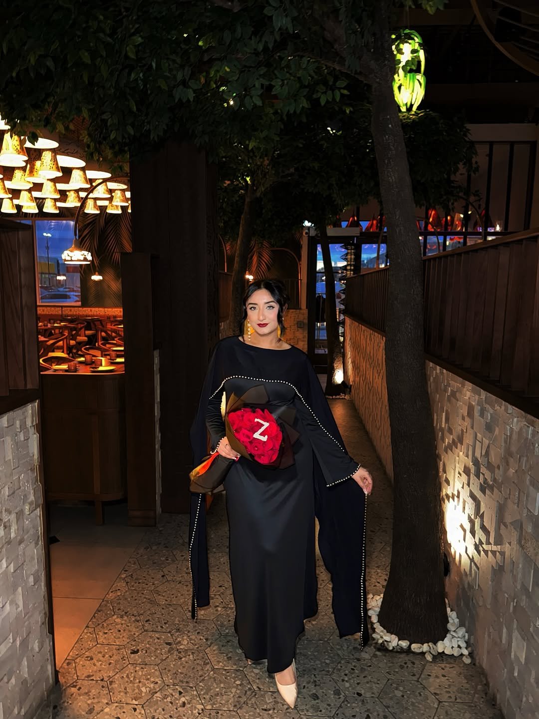Black Floor-Length Cape Dress with Delicate Pearl Trim