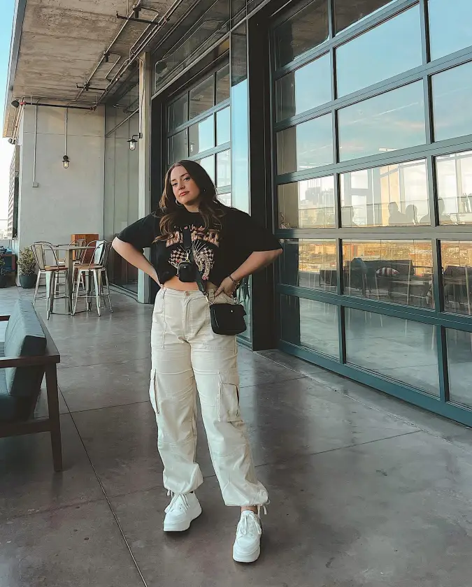 Black Graphic Tee with Cream Cargo Pants