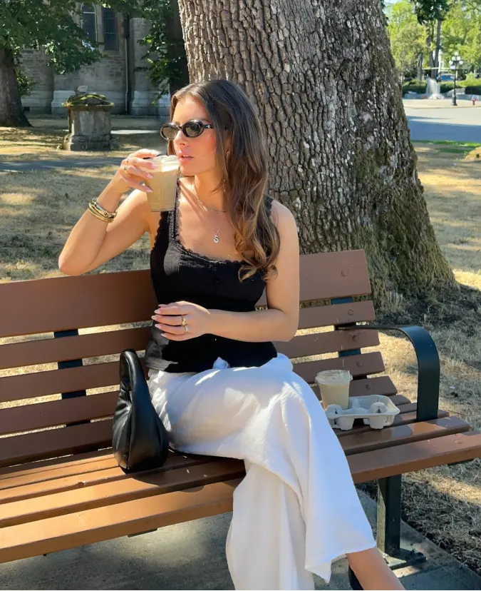 Black Lace Tank With White Wide Leg Pants