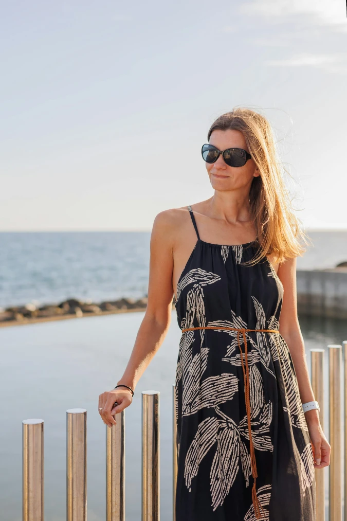 Black Leaf Print Maxi Dress by the Waterfront