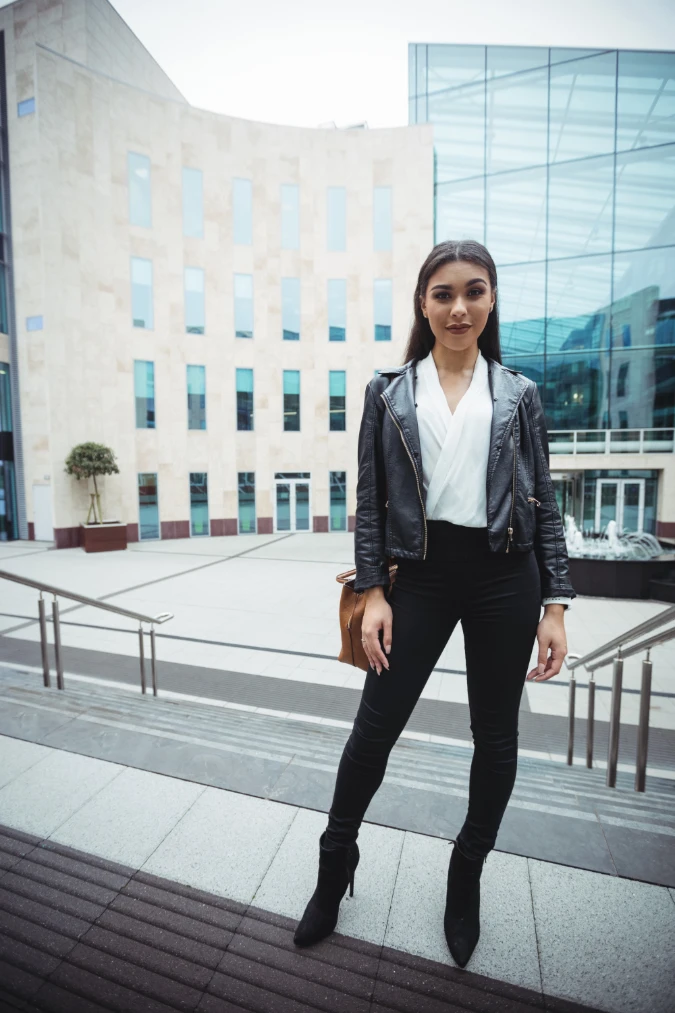 Black Leather Jacket with White Blouse and Skinny Black Trousers City Walk