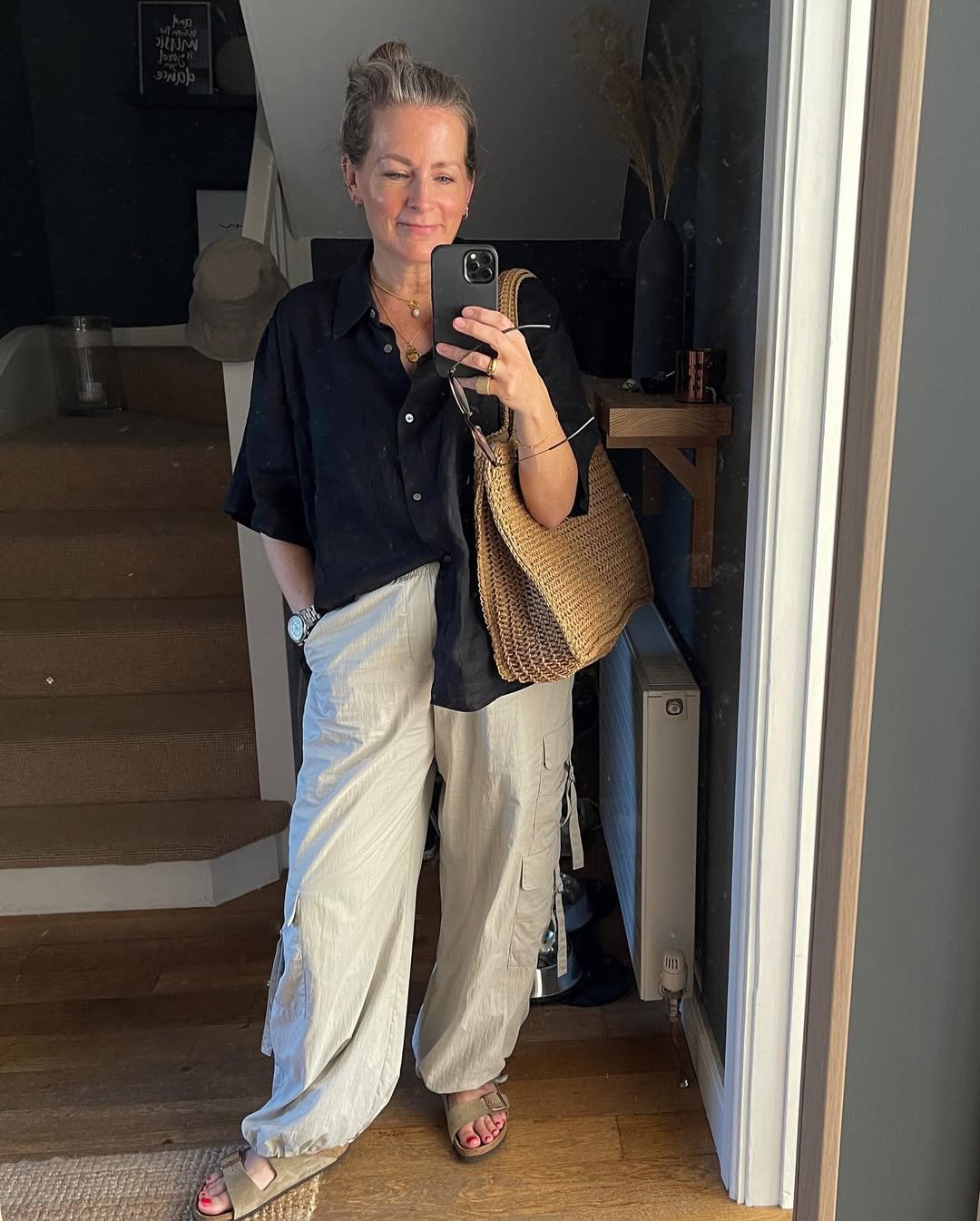 Black Linen Short-Sleeve Button-Down with Light Beige Cargo Pants