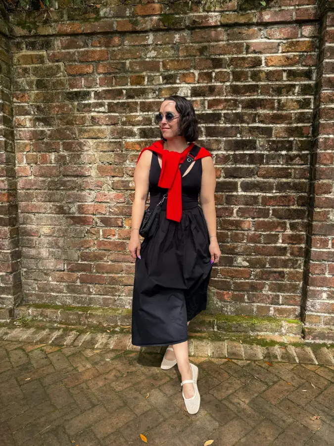 Black Midi Dress with Red Sweater