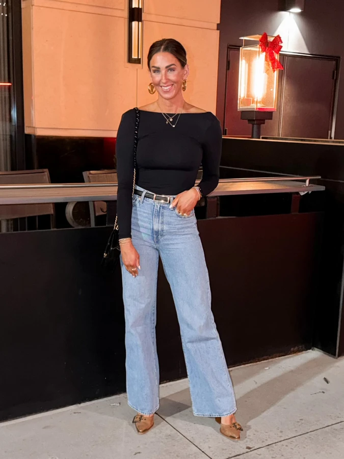 Black Off Shoulder Top With Wide Leg Jeans