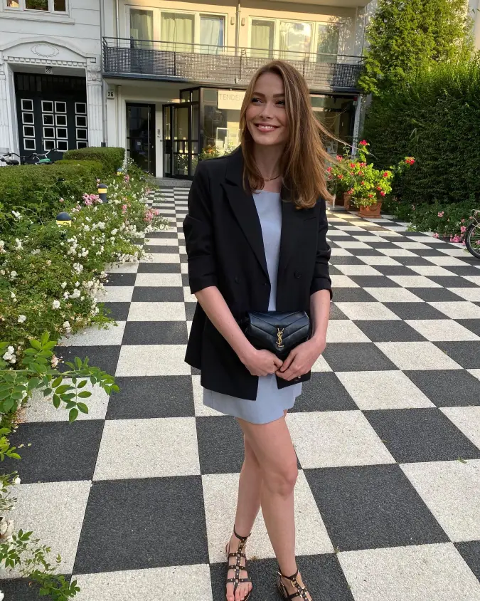 Black Oversized Blazer with Pale Blue Mini Dress
