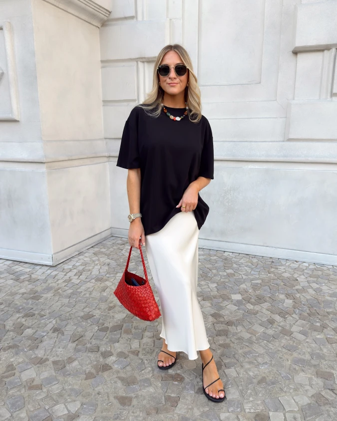 Black Oversized Tee with Ivory Satin Midi Skirt