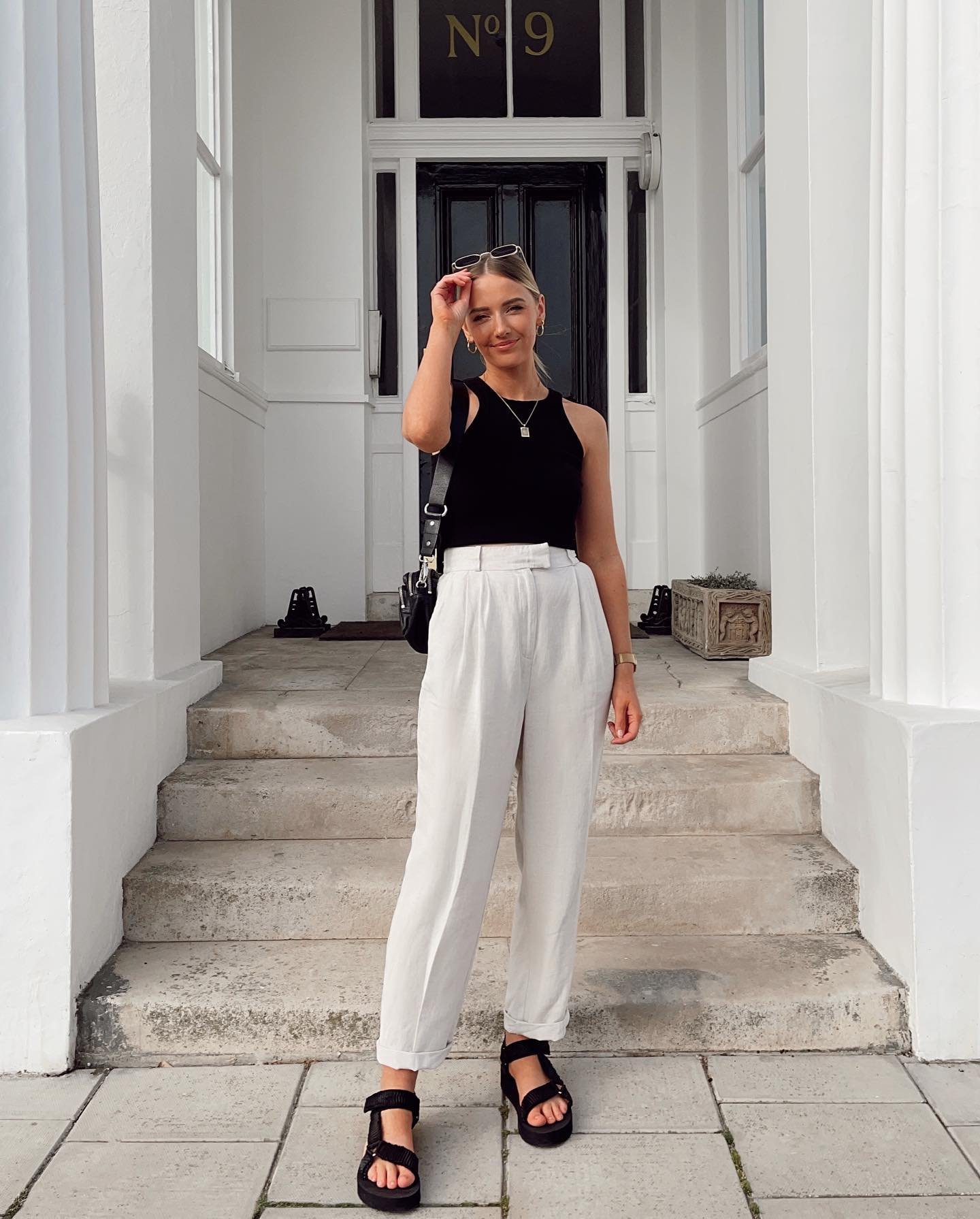 Black Racerback Tank with High-Waisted Tailored Linen Trousers