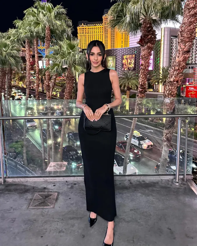 Black Sleeveless Maxi Dress Above the Night Strip