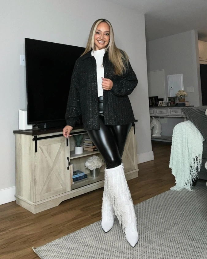 Black Tweed Overshirt with Leather Leggings and Fringe White Boots in Living Room