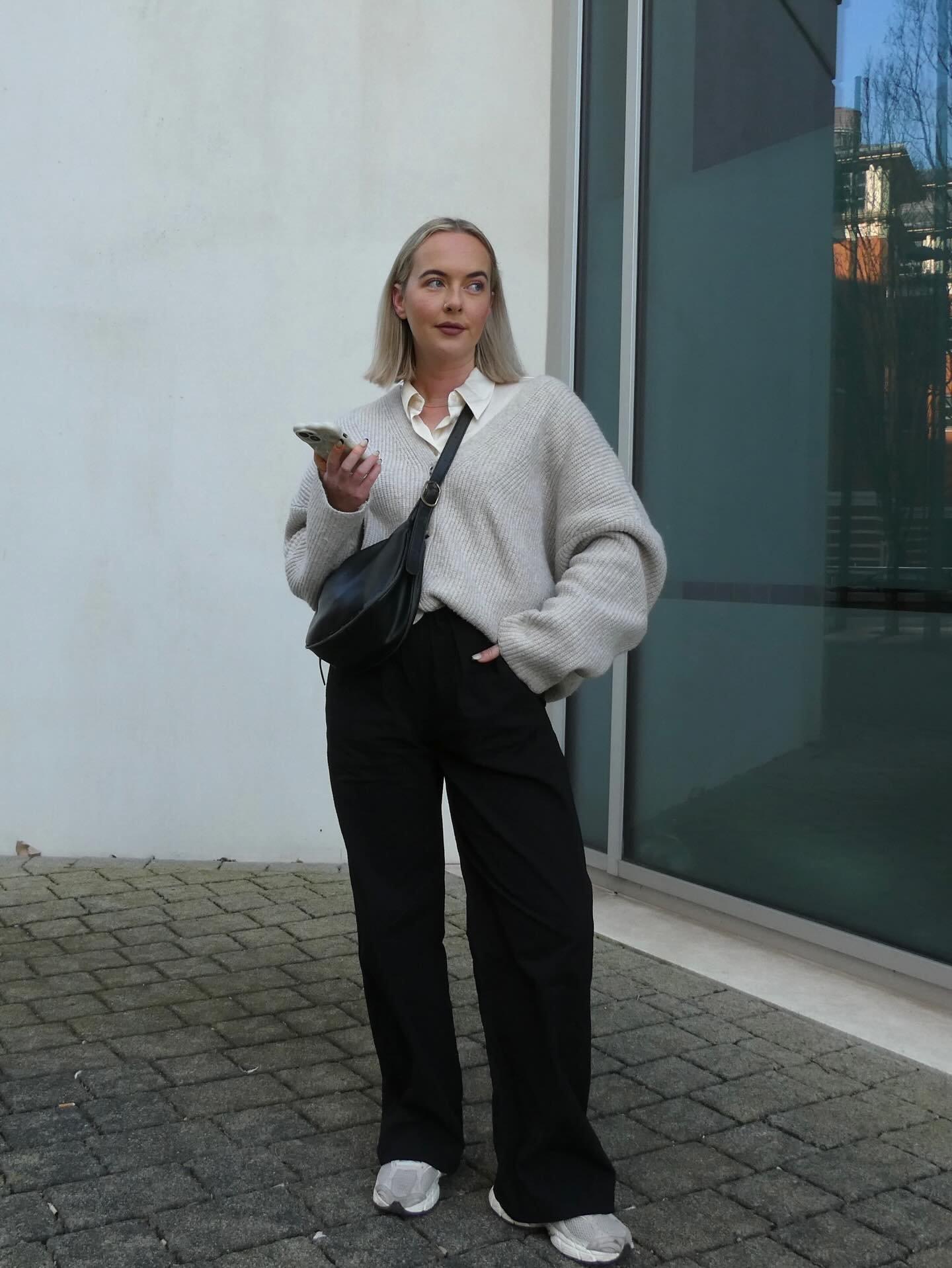 Black Wide-Leg Pants with Oversized Cream Sweater and Collared Shirt