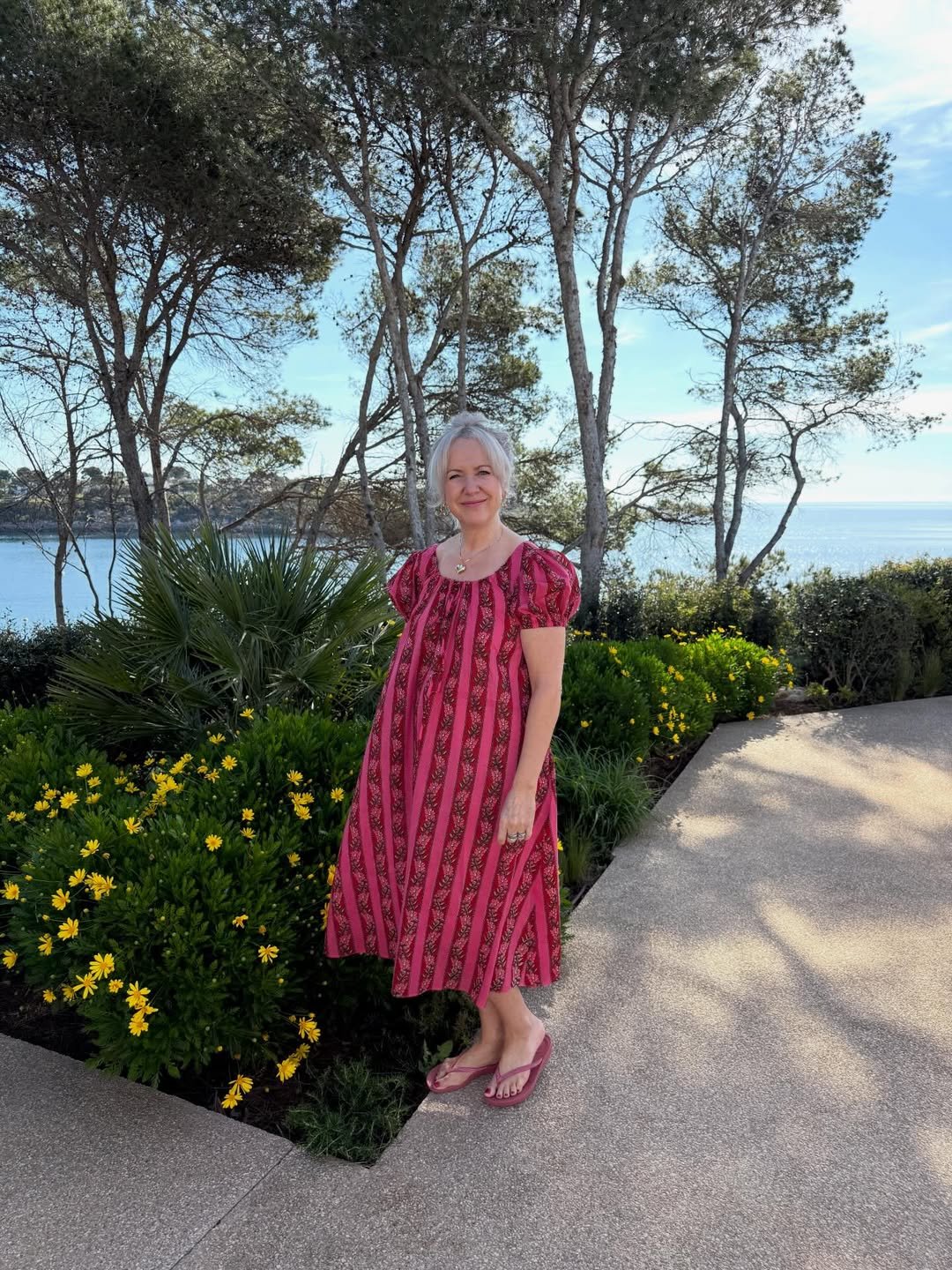 Block-Printed Stripe Midi Dress with Puff Sleeves and Mauve Sandals