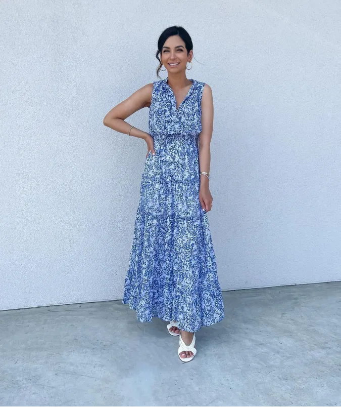 Blue Floral Tiered Maxi Dress for Petite Women