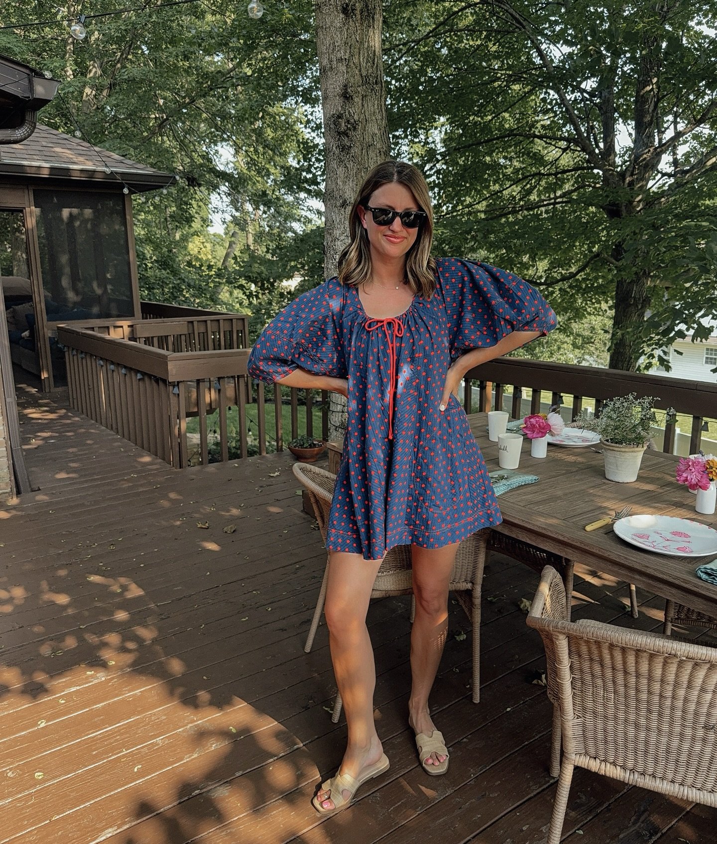 Blue Mini Dress with Red Dotted Pattern and Drawstring Detail